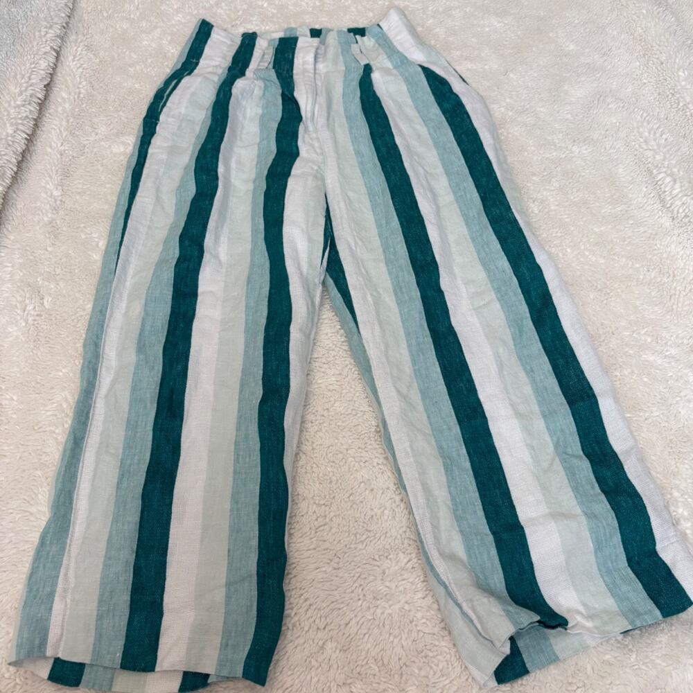 J.Crew Women Green White Striped Linen Wide Leg Pants 2 Resort Summer Boho Indie - Picture 2 of 7